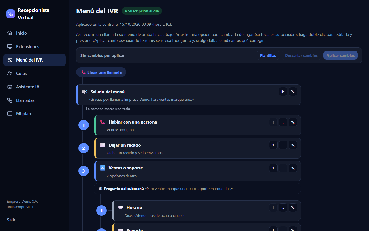 Editor visual del menú de voz, con las teclas ordenadas de arriba hacia abajo