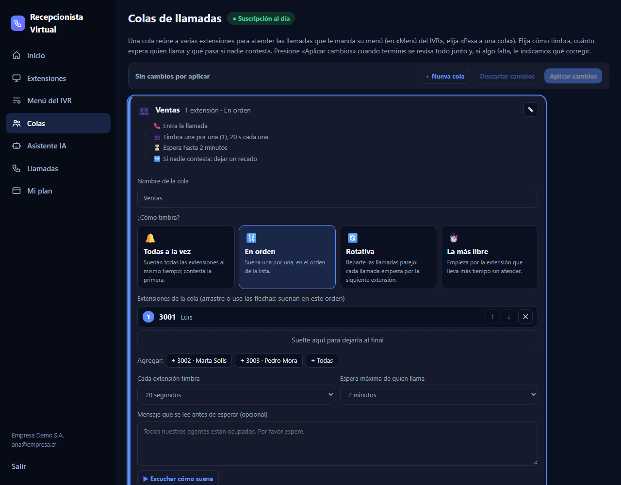 Editor de colas de llamadas con las cuatro formas de timbrar