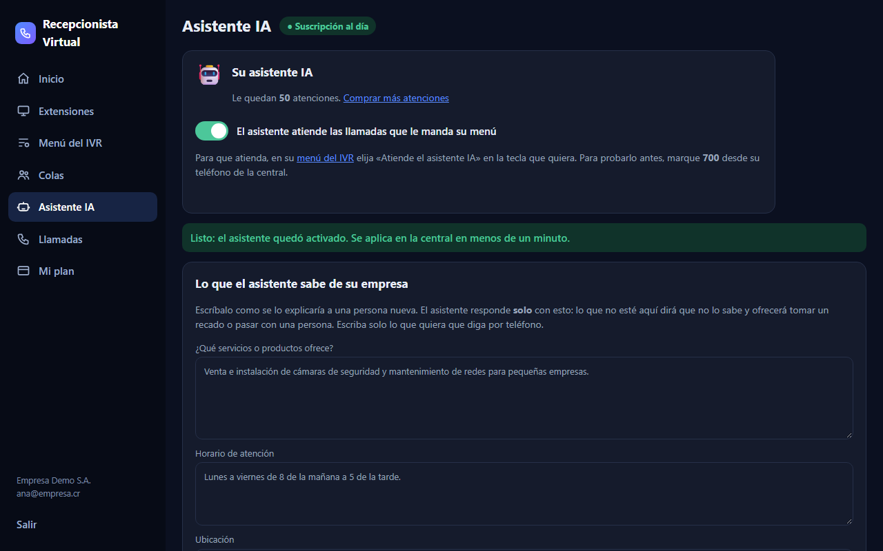 Página del asistente con inteligencia artificial: interruptor, atenciones restantes e información de la empresa