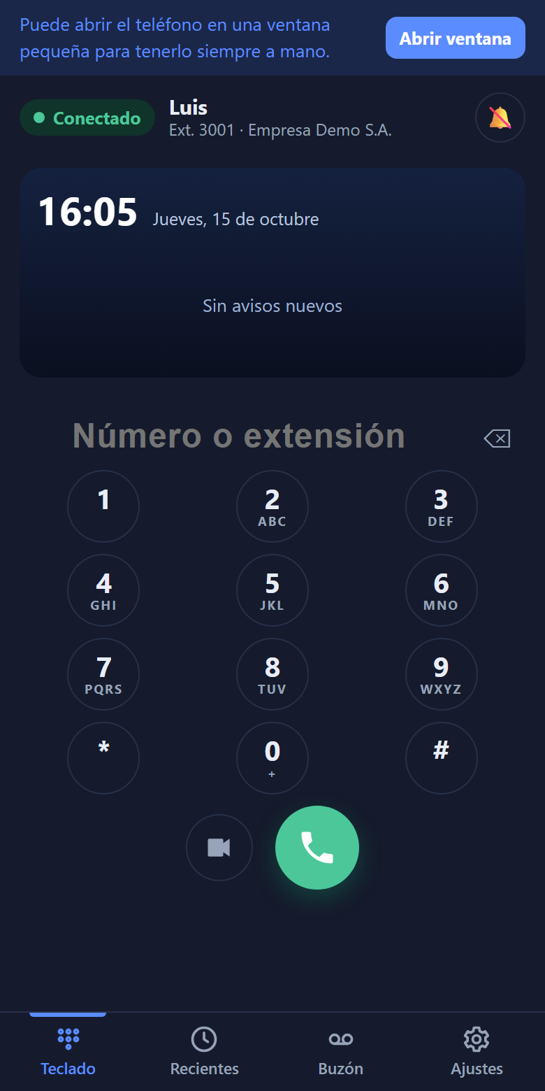 Teléfono web en el celular: teclado, estado conectado y botón de videollamada