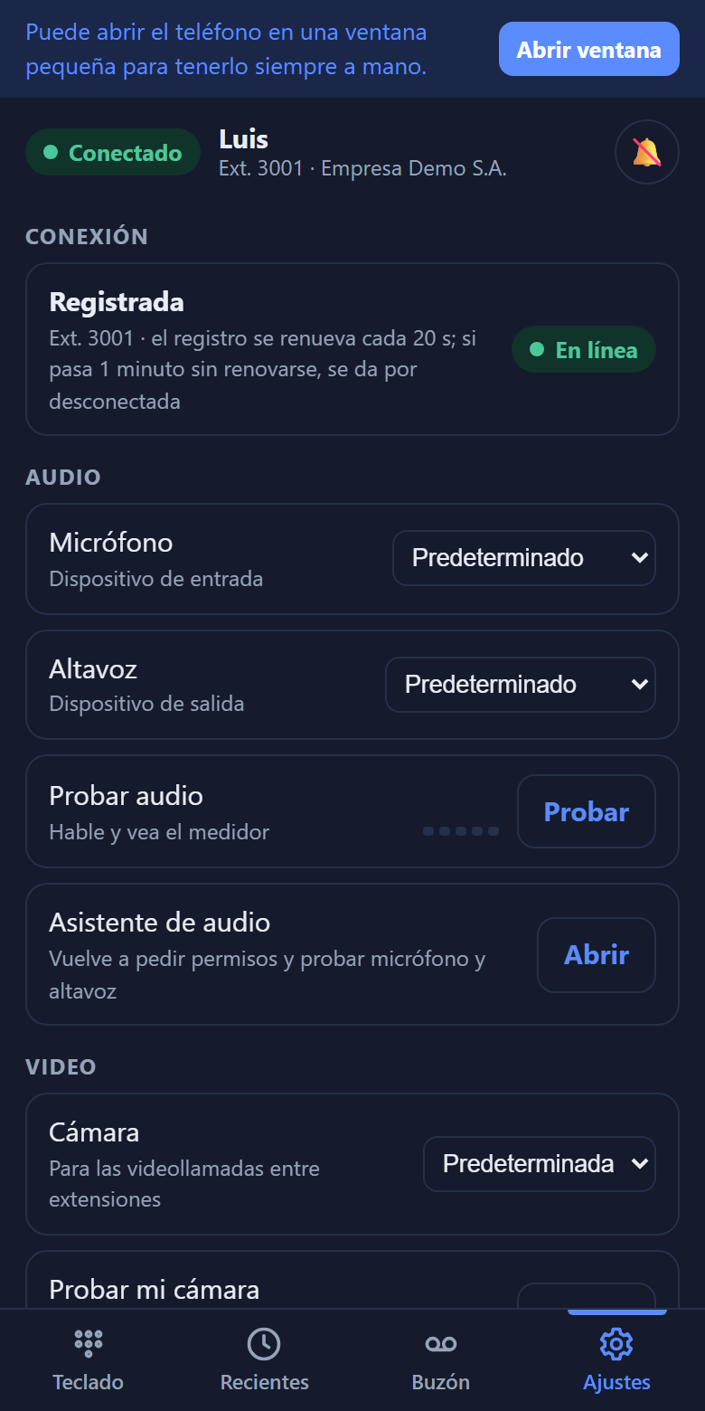 Ajustes del teléfono web: audio, cámara y videollamada