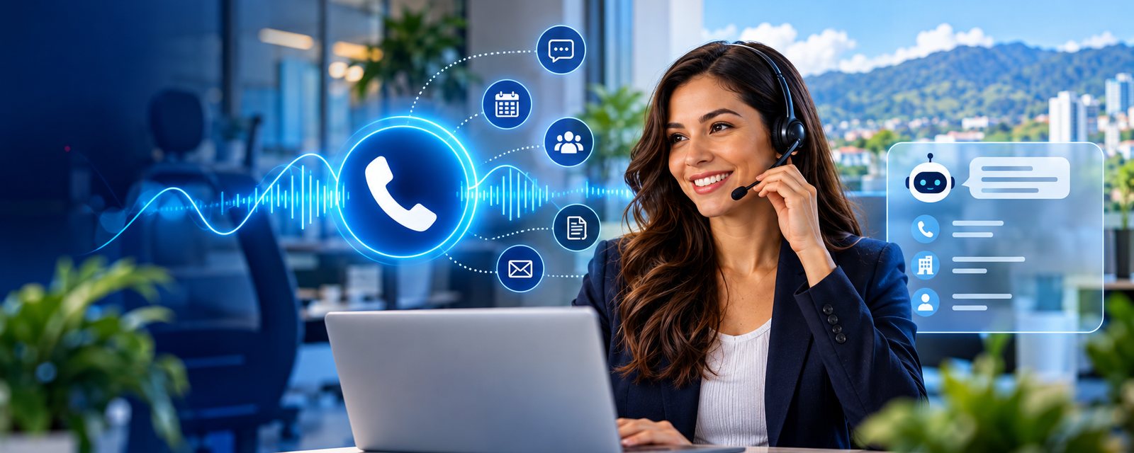 Una recepcionista sonríe con audífonos y un teléfono con ondas de voz y los íconos de mensajes, agenda, equipo y correo