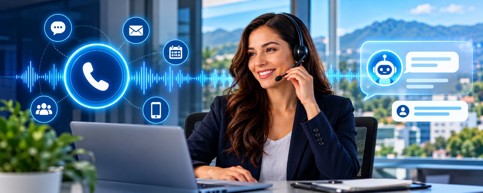 Una recepcionista con audífonos frente a su computadora, con el asistente virtual conversando a un lado