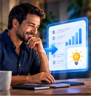 Un empresario revisa en su computadora el análisis de lo que preguntan sus clientes y las mejoras sugeridas