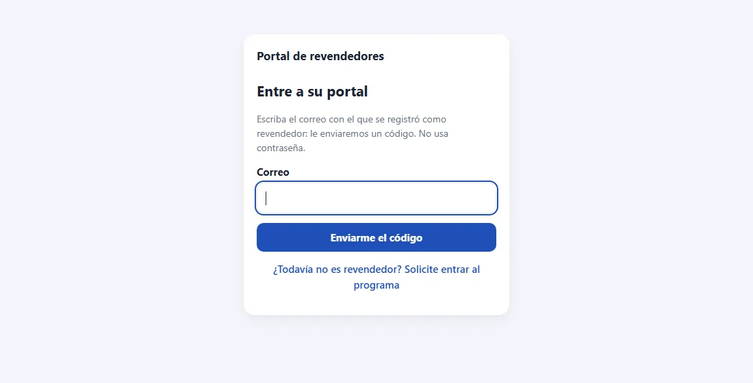Pantalla para entrar al portal del revendedor con el correo