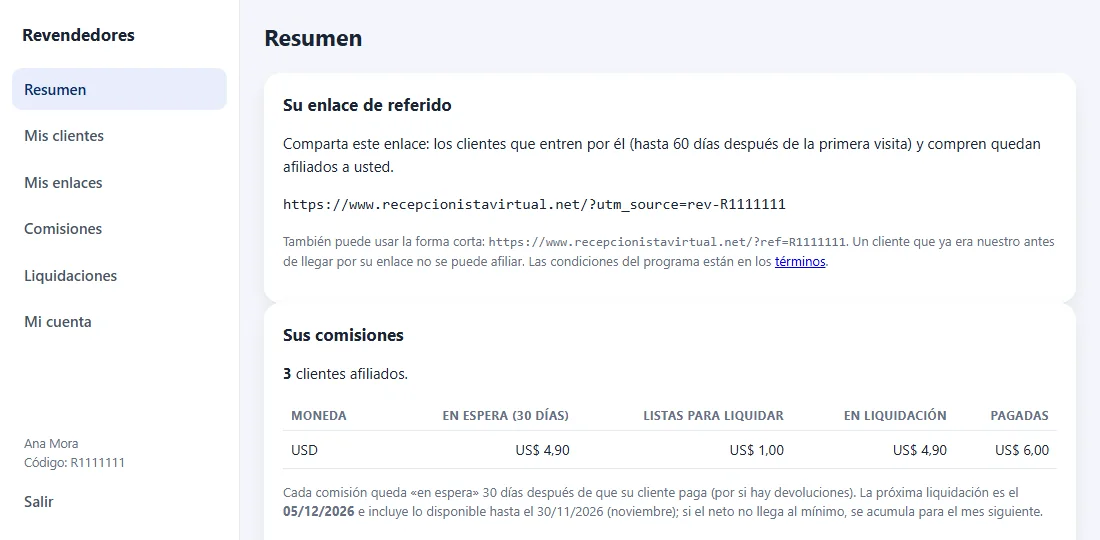 Resumen del portal con su enlace y sus comisiones (datos de demostración)