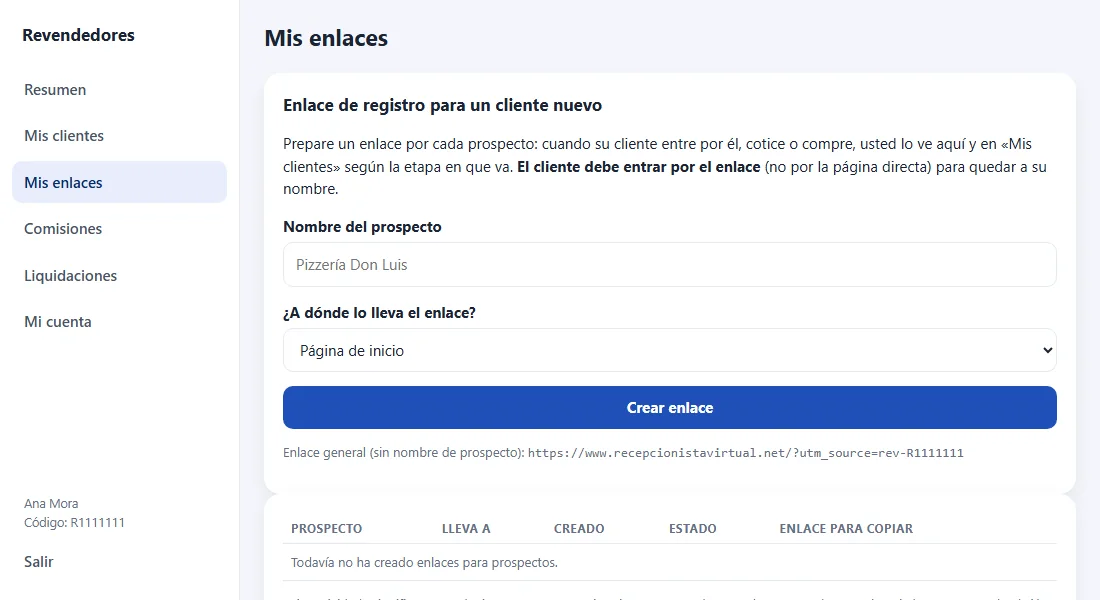 Pantalla Mis enlaces para crear un enlace por prospecto (datos de demostración)