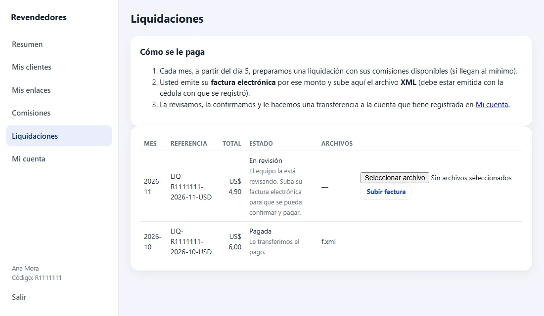 Pantalla Liquidaciones con los pagos mensuales y la subida de la factura (datos de demostración)