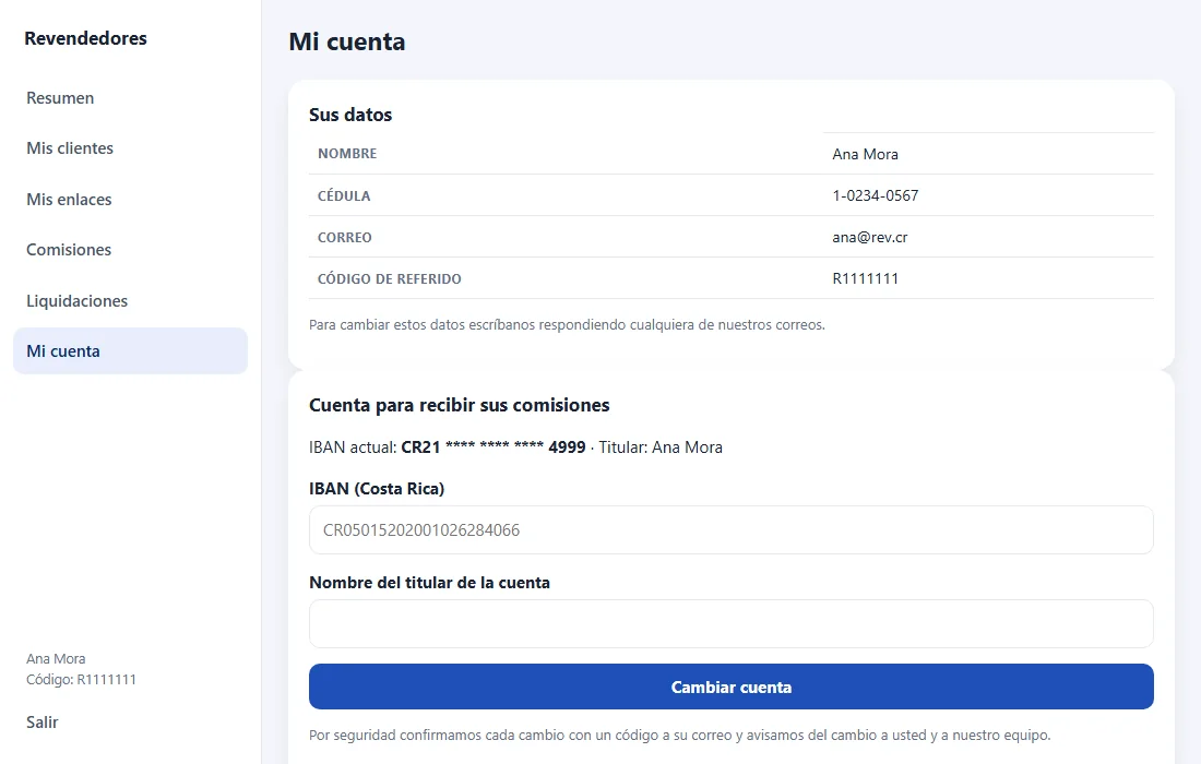 Pantalla Mi cuenta con el IBAN para recibir los pagos (datos de demostración)