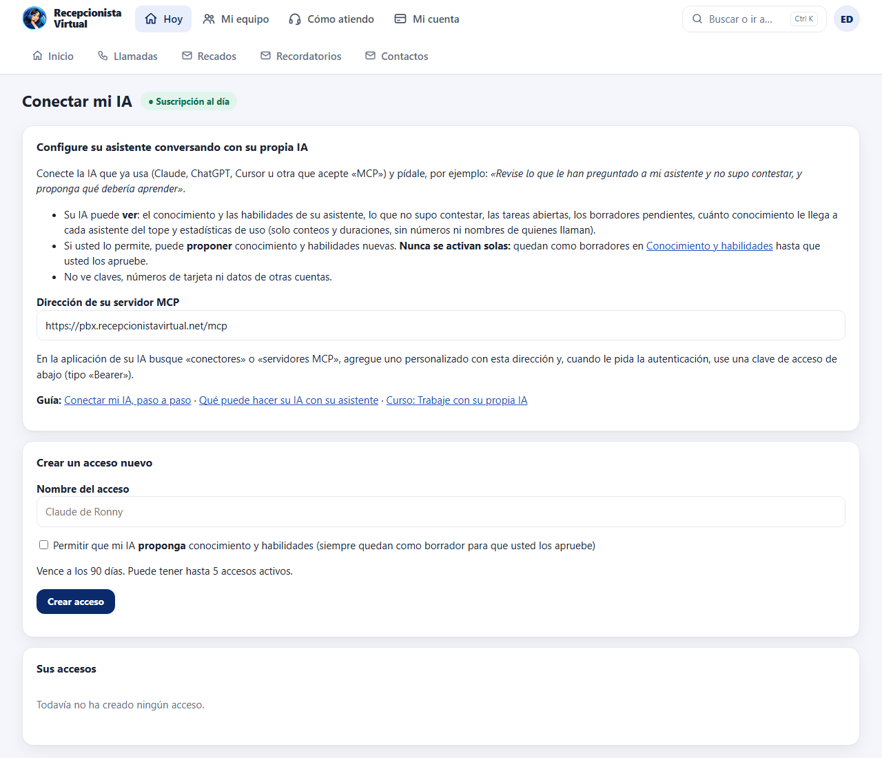 Mi cuenta > Conectar mi IA: la pantalla antes de crear un acceso.